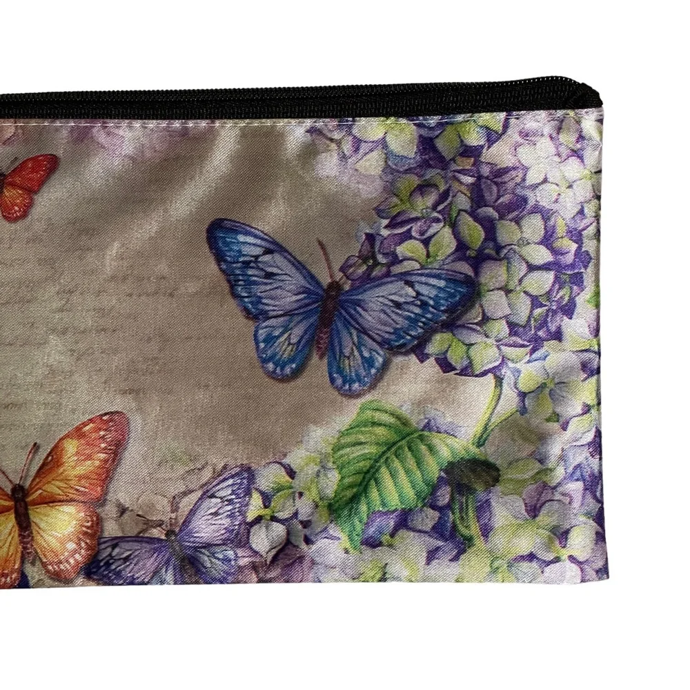 Makeup Cosmetics Bag Pouch Wristlet Butterflies and Hydrangeas Print 8.75